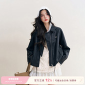 可拆卸帽子 Kroche 俏皮软语 翻领抽绳宽松挺阔黑色皮衣外套