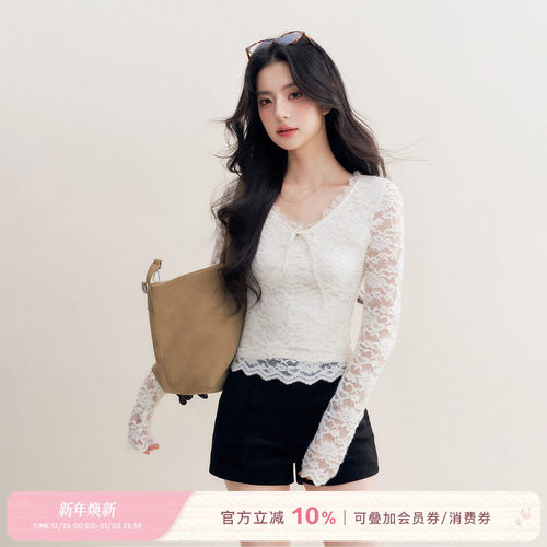 绒感蕾丝蕾丝边v领修身打底长袖