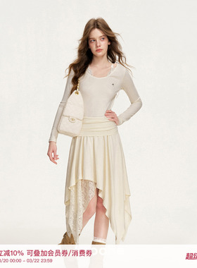 Kroche 26ss 浪漫蕾丝 蕾丝拼接腰部抽褶长袖不规则下摆连衣裙