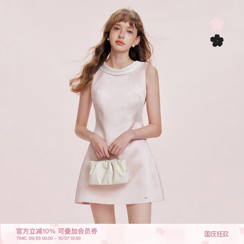 法式船领露背蝴蝶结缎面连衣裙