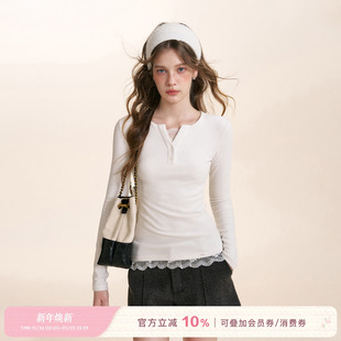 25aw 长袖 浪漫法式 加厚绒感修身 T恤打底 蕾丝花边拼接 Kroche