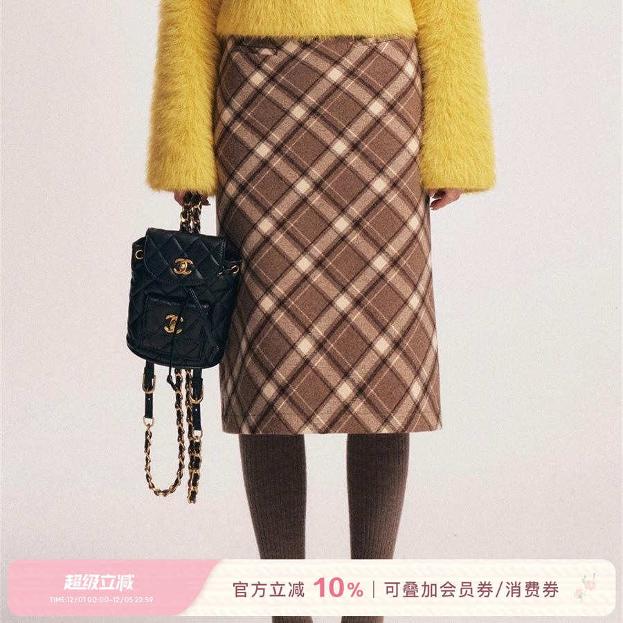 复古格纹直筒毛呢半身裙