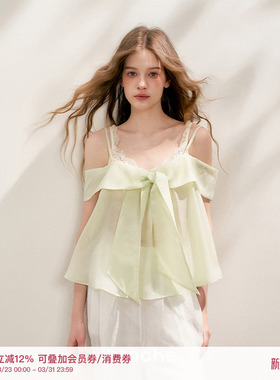 Kroche  Aurora Core 立体蝴蝶结 薄纱系带宽松一字肩A摆上衣