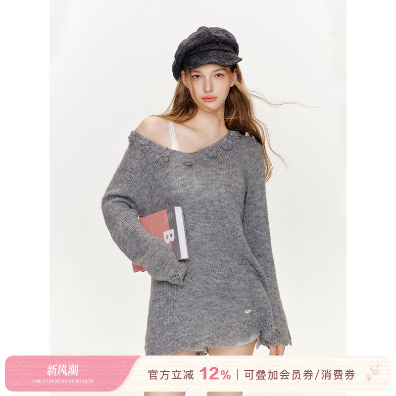 Kroche  软糯羊毛 手工钩花 V领镂空毛衣斜肩设计毛衫上衣