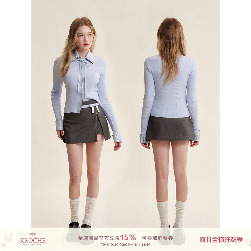 撞色蝴蝶结侧开衩短半裙