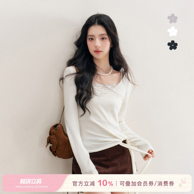 真两件大U领绑带长袖打底衫