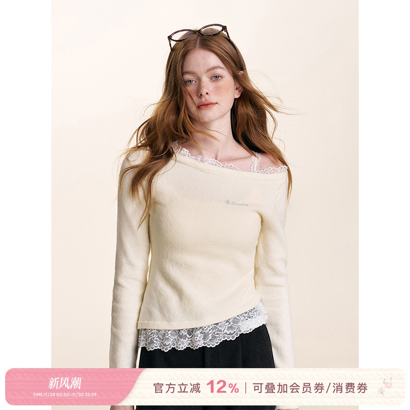 Kroche  浪漫蕾丝 不对称设计 斜肩抽褶针织打底衫