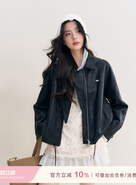 Kroche 俏皮软语 可拆卸帽子 翻领抽绳宽松挺阔黑色皮衣外套