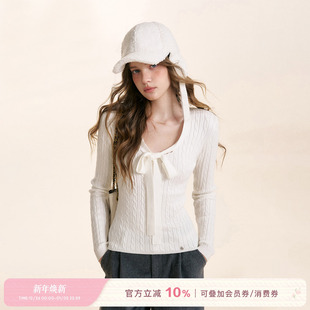 慵懒 法式 细绞花 系带蝴蝶结麻花坑条修身 Kroche 针织打底衫 25aw