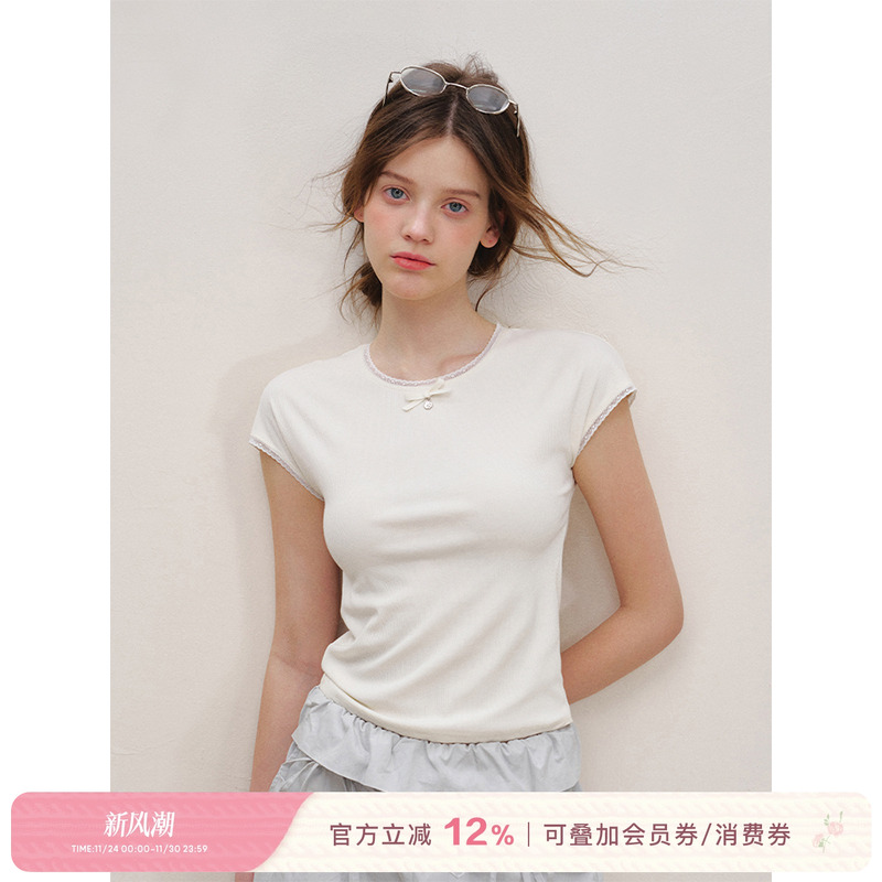 蕾丝花边拼接圆领百搭短袖T恤