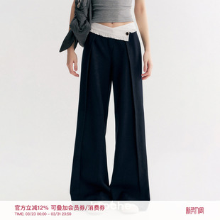 不规则撞色花边腰头压褶直筒休闲裤 Kroche 天丝羊毛混纺