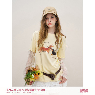 蕾丝拼接假两件棉质长袖 手绘腊肠狗 T恤 Kroche 王楚然同款