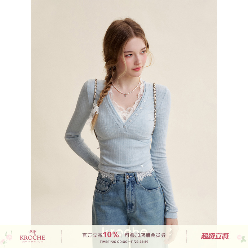 法式蕾丝拼接修身V领针织衫