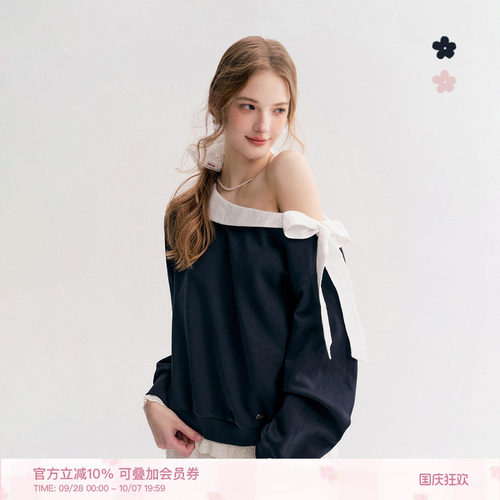 撞色棉布蕾丝翻领绑带斜肩卫衣