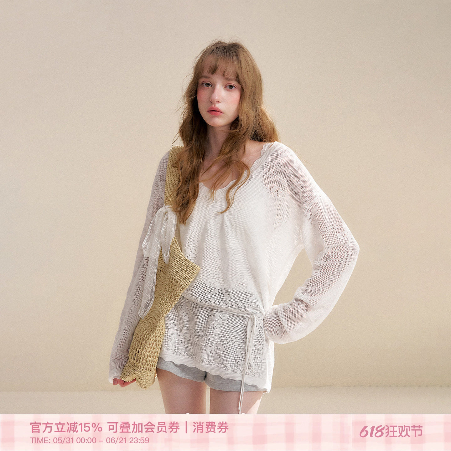 Kroche 26ss「100莱赛尔」手绘蝴蝶结玫瑰镂空提花绑带针织云朵衫