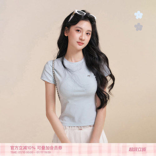 法式蕾丝花边圆领收腰短袖T恤