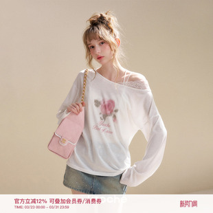 云朵衫 Kroche 玫瑰印花斜肩蕾丝花边宽松T恤罩衫 莱赛尔 26ss