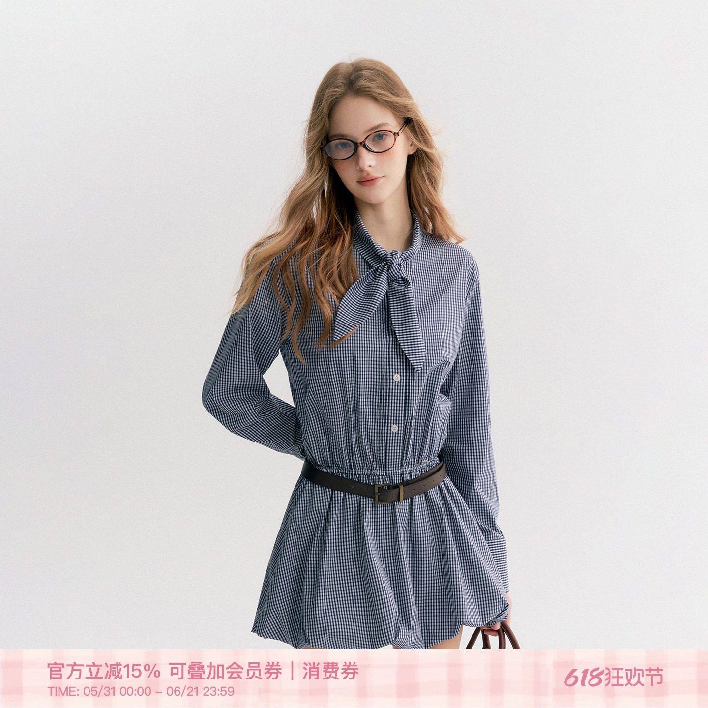 Kroche  Navycore 系带领复古藏青格纹收腰花苞衬衫连衣裙