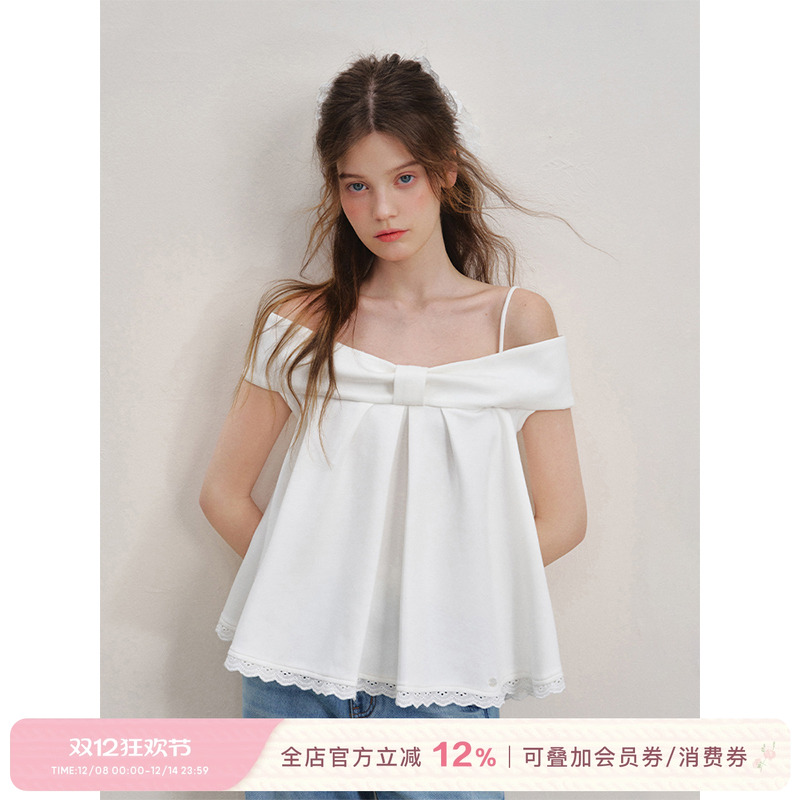 立体蝴蝶结精梳棉一字肩A摆吊带