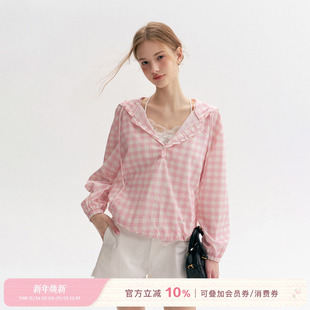 定制格纹 奶油粉格 木耳花边抽绳连帽宽松套头外套 25aw Kroche