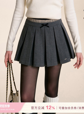 Kroche  Geek chic 假两件格纹拼接 植绒蝴蝶结百褶A字半身裙