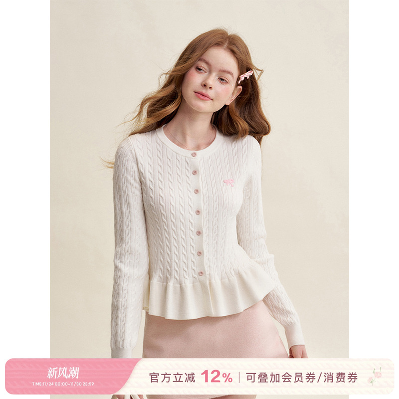 蝴蝶结刺绣绞花针织开衫