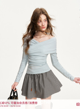 包洁仪同款 Kroche 26ss 柔软羊毛褶皱交叉领一字肩修身长袖T恤