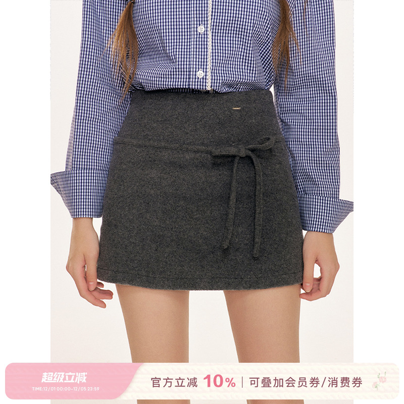 蝴蝶结设计百搭毛呢短半裙