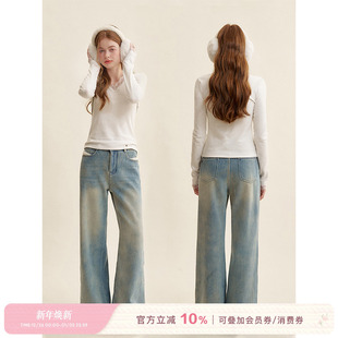 羊羔毛高腰宽松阔腿牛仔裤 加厚复合绒 羔羔暖意 Kroche