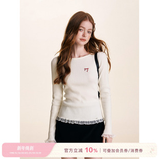 打底衫 Kroche 蕾丝花边拼接长袖 撞色刺绣蝴蝶结 浪漫蕾丝