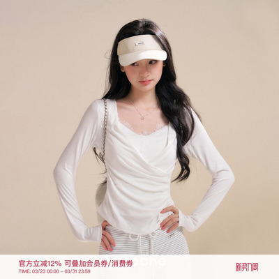 蕾丝拼接交叉领针织假两件T恤