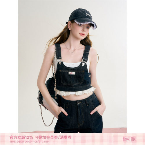 法式蕾丝拼接牛仔背带裤两件套