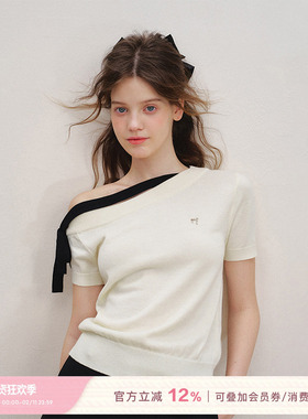 Kroche  Balletcore 羊毛混纺 斜肩撞色蝴蝶结绑带短袖针织衫