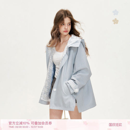 天丝棉假两件蕾丝连帽风衣外套