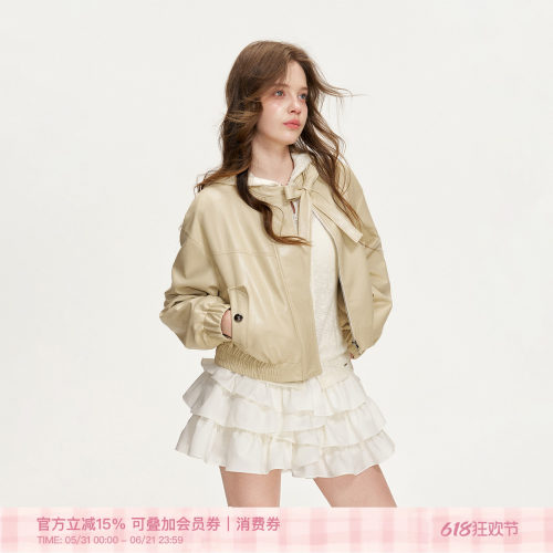 柔软环保pu皮蝴蝶结系带皮衣外套
