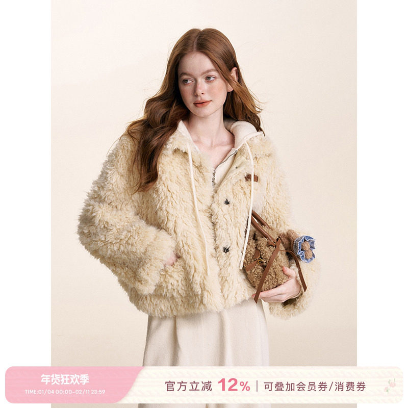 Kroche  奶油泡芙 皮毛一体 卷毛泰迪熊短款羊羔毛过冬厚外套,女装/女士精品,短外套,淘宝优惠券,粉丝福利购,淘宝优惠卷
