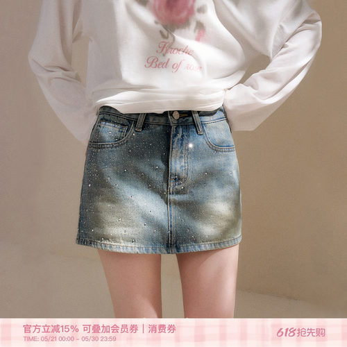 复古烫钻A字短款做旧牛仔半身裙