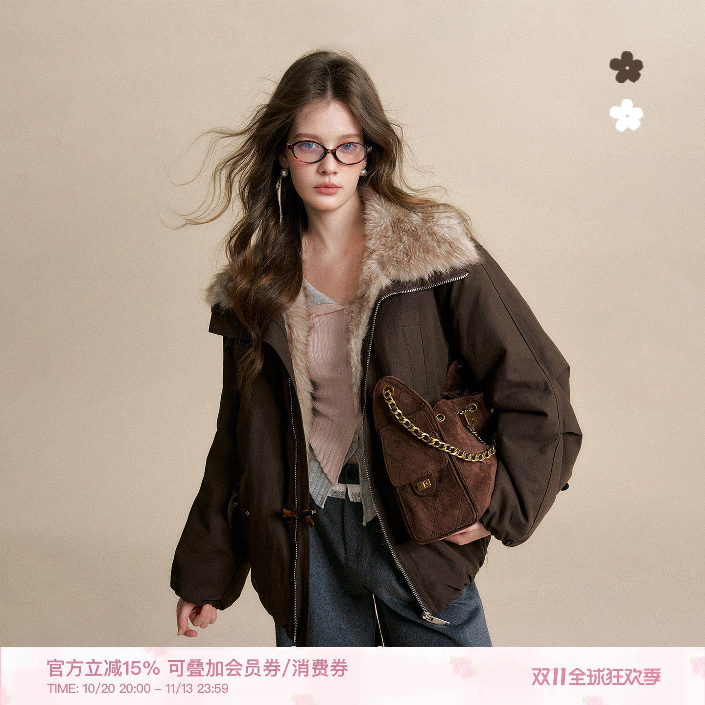 卢昱晓同款Kroche「莱赛尔」环保皮草大翻领宽松保暖派克服厚外套