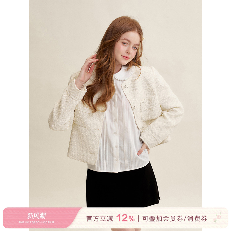 Kroche 25ss 浪漫法式 小花扣 重工柔软粗花呢白色小香风外套