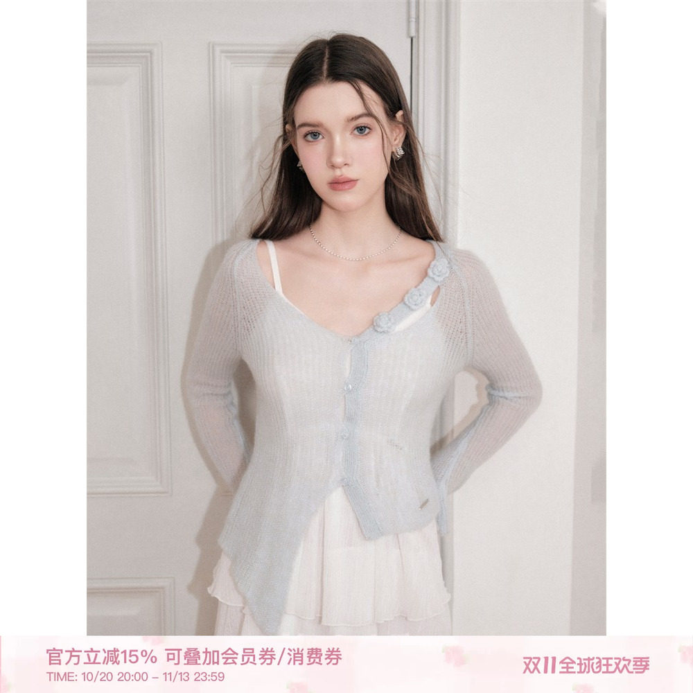 Kroche「马海毛+绵羊毛」精致浪漫 手钩花朵 不规则设计针织开衫