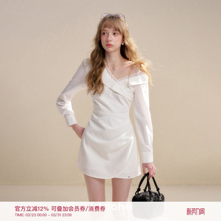 翻领斜肩褶皱收腰A字短款 Kroche 蕾丝拼接 浪漫邂逅 连衣裙 26ss