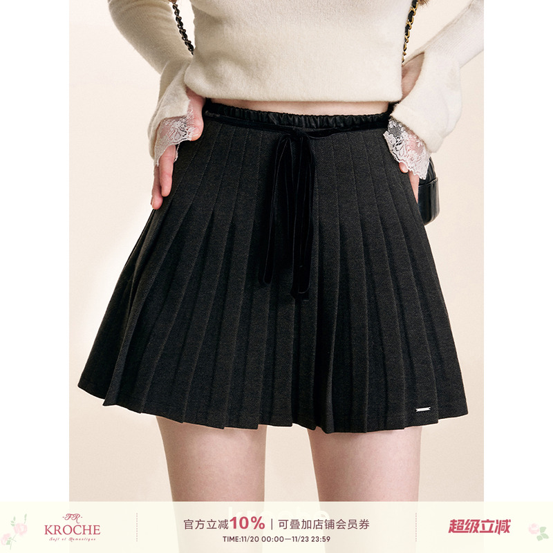 Kroche  knowledge 丝绒拼接双腰头蝴蝶结百褶半裙