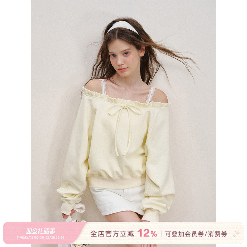 蝴蝶结领口木耳边斜肩卫衣