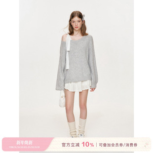 Kroche 法式 绵羊毛 斜肩设计 蝴蝶结蕾丝肩带毛衣 兔毛 戚薇同款