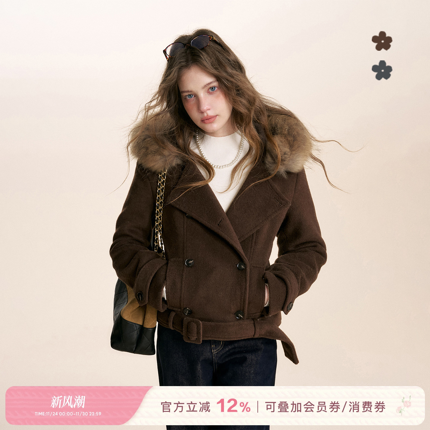 双排扣短款毛呢羊毛大衣连帽外套