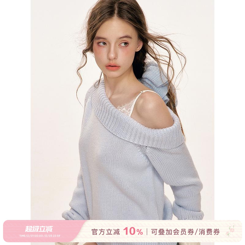 Kroche  云柔漫步 羊毛混纺 蕾丝拼接斜肩宽松毛衣