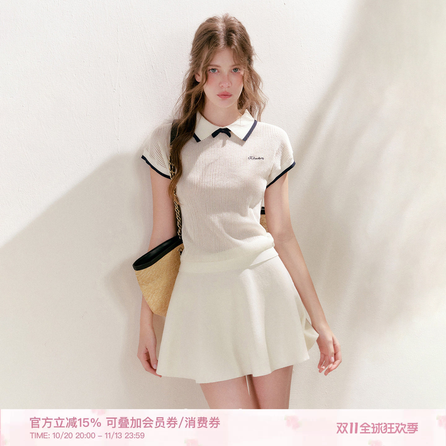 Kroche 26ss 撞色蝴蝶结 镂空肌理Polo领针织短袖高腰A字短裙套装