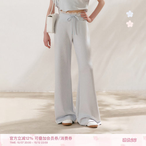 法式蕾丝拼接抽绳直筒休闲裤长裤