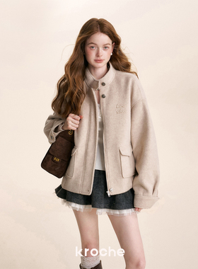 Kroche 26ss Geek chic 羊毛混纺 贴布绣宽松廓型立领毛呢外套