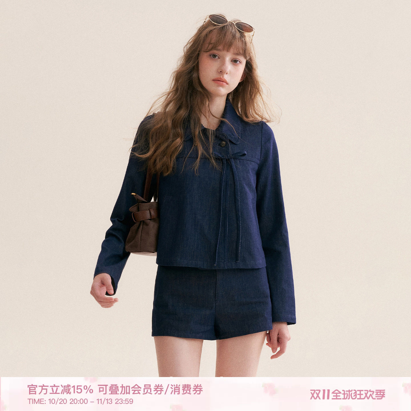 Kroche 26aw「莱赛尔棉」法式蝴蝶结翻领牛仔外套休闲短裤套装